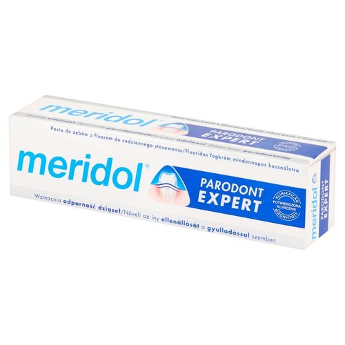 Meridol Parodont Expert, pasta do zębów z fluorem. Wzmacnia odporność dziąseł, klinicznie potwierdzona. Białe opakowanie z niebieskim napisem.