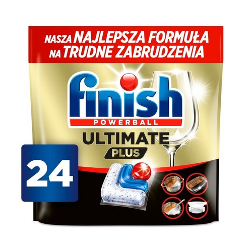 Finish Powerball Ultimate Plus, 24 tabletki do zmywarki. Opakowanie z napisem "Nasza najlepsza formuła na trudne zabrudzenia".