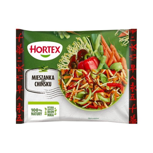 Mieszanka warzyw Hortex do dań chińskich. Opakowanie z grafiką świeżych warzyw i gotowej potrawy. 100% natury, wysoka zawartość błonnika.