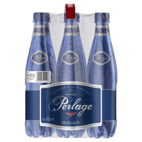 Zgrzewka 6 butelek naturalnej wody mineralnej Cisowianka Perlage musująca. Każda butelka ma pojemność 700 ml, co daje łącznie 4.2 litra. Woda jest niskosodowa, a butelki mają elegancki, niebieski odcień.