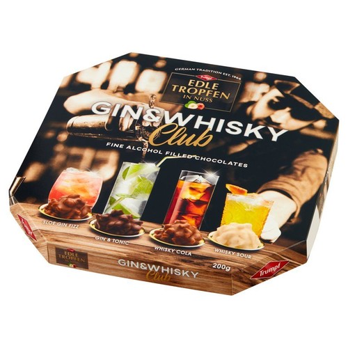 Pudełko czekoladek Trumpf Edle Tropfen Gin&Whisky Club, 200g. Czekoladki nadziewane alkoholem o smaku koktajli: Sloe Gin Fizz, Gin & Tonic, Whisky Cola, Whisky Sour. Opakowanie przedstawia te koktajle i czekoladki.