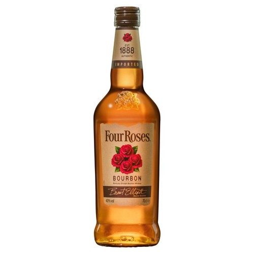 Four Roses Bourbon w butelce 700 ml. Etykieta z napisem Four Roses i grafiką trzech czerwonych róż. Zawiera 40% alkoholu.