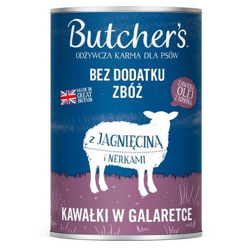 Puszka karmy Butcher's dla psów, z jagnięciną i nerkami w galaretce. Bez zbóż, zawiera olej z łososia. Wyprodukowano w Wielkiej Brytanii.