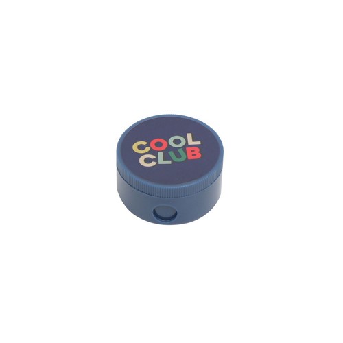 Okrągła, niebieska temperówka z kolorowym logo "COOL CLUB" na górze.