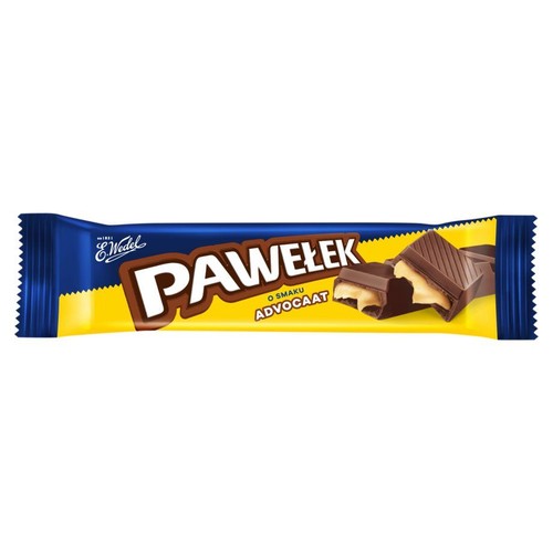 Produkt E.Wedel Pawełek o smaku adwokat. Opakowanie w kolorach niebieskim i żółtym. Na etykiecie znajduje się nazwa "PAWEŁEK" oraz ilustracja dwóch kawałków czekolady z widocznym jasnym, kremowym nadzieniem.