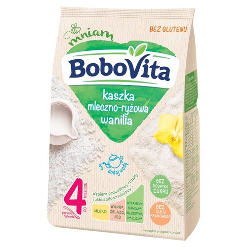 Opakowanie kaszki BoboVita mleczno-ryżowej o smaku waniliowym. Dla niemowląt od 4 miesiąca. Bez glutenu i cukru.