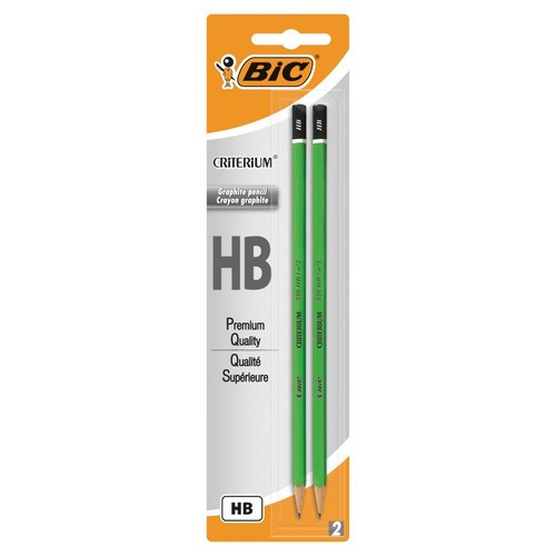 Dwa zielone ołówki grafitowe BIC Criterium HB w opakowaniu typu blister. Produkt oznaczony jako Premium Quality.