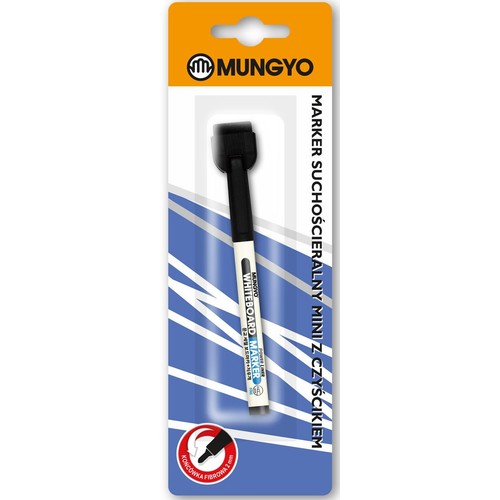 Opakowanie produktu Mungyo: mini marker suchościeralny z wbudowanym czyścikiem. Marker jest czarno-biały, z napisem "Mungyo Whiteboard Marker Power Liner". Posiada końcówkę fibrową o grubości 2 mm.