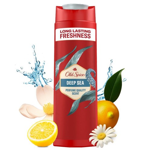 Czerwona butelka Old Spice Deep Sea z grafiką liści i macką ośmiornicy. Wokół cytryny, kwiaty i woda.