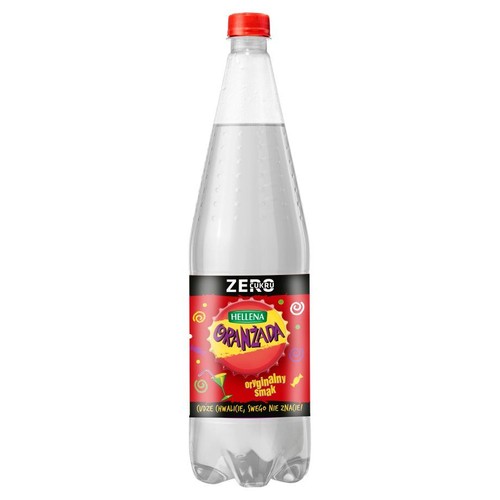 Przezroczysta butelka Hellena Oranżada Zero Cukru. Etykieta z napisem "Oryginalny smak" i hasłem "Cudze chwalicie".