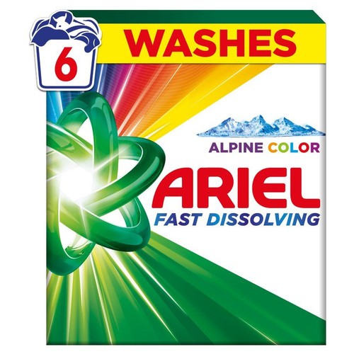 Proszek do prania Ariel Fast Dissolving, wariant Alpine Color. Opakowanie z informacją o 6 praniach.