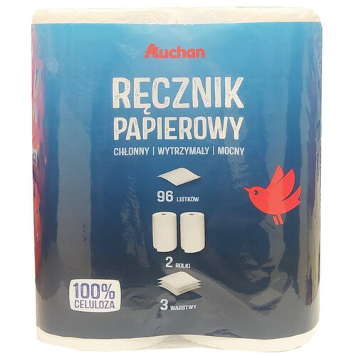 Ręcznik papierowy 3 warstwowy mocny 96 listków Auchan 2 rolki