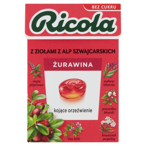 Żurawina - szwajcarskie cukierki ziołowe bez cukru Ricola 27,5 g