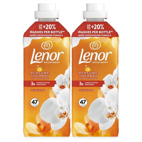Dwa koncentraty do płukania Lenor, każdy na 47 prań, o zapachu złotej orchidei i wanilii. Skoncentrowana formuła.