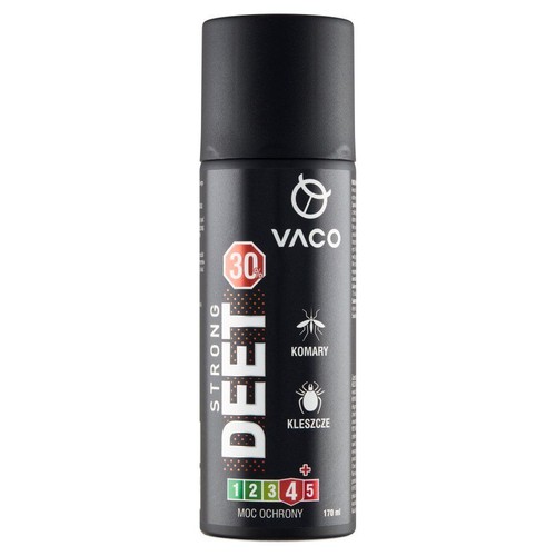 Produkt VACO DEET STRONG, spray odstraszający komary i kleszcze. Zawiera 30% DEET. Opakowanie 170 ml.