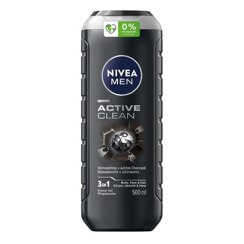 Nivea Men Active Clean żel pod prysznic 3w1 z aktywnym węglem, 500 ml. Butelka ciemnoszara, 0% mikroplastiku.