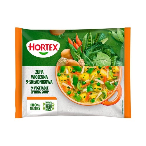 Pomarańczowo-zielone opakowanie zupy Hortex Wiosenna 9-składnikowa. Zawiera grafikę surowych warzyw i gotowej zupy w misce.