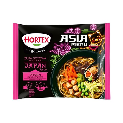 Opakowanie Hortex Asia Menu Zupa Gotowa Japan Style Ramen z kurczakiem. Na grafice miska ramenu z makaronem, kurczakiem i warzywami.