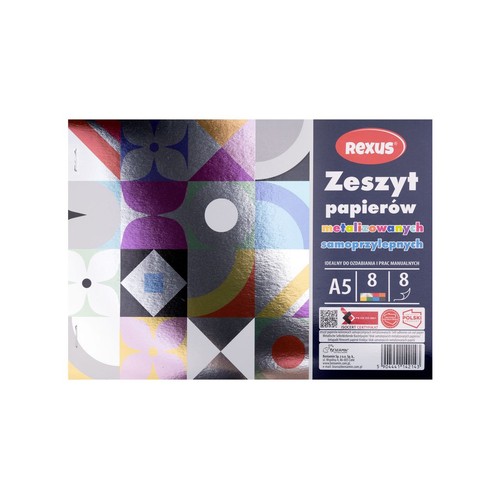 Opakowanie zeszytu REXUS z 8 arkuszami metalizowanych, samoprzylepnych papierów w formacie A5. Lewa strona opakowania prezentuje mozaikę błyszczących, wielobarwnych wzorów geometrycznych i kwiatowych. Prawa strona jest ciemnoniebieska z białym tekstem.