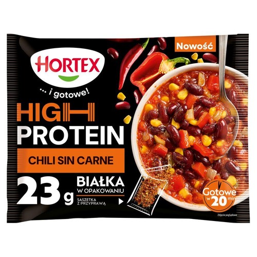 Hortex High Protein Chili Sin Carne, 23g białka, gotowe w 20 min. Czarne opakowanie z miską chili i papryczkami.