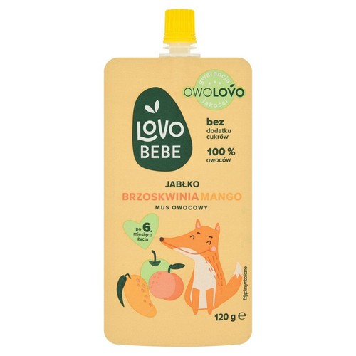 Beżowa saszetka musu owocowego LOVO BEBE o smaku jabłka, brzoskwini i mango, 120g. Produkt bez dodatku cukrów, zawiera 100% owoców, przeznaczony dla dzieci po 6. miesiącu życia. Na opakowaniu grafika lisa i owoców.