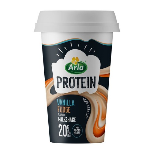 Kubek Arla Protein o smaku waniliowo-krówkowym. Zawiera 20g białka i nie ma dodanego cukru. Gęsty i kremowy napój mleczny.