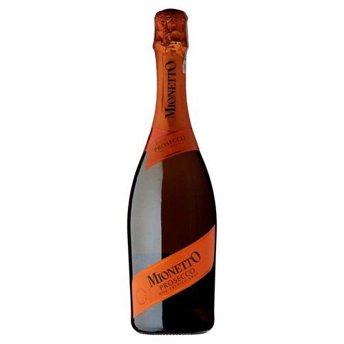 Butelka Mionetto Prosecco DOC Treviso Brut z ciemnego szkła. Na szyjce znajduje się pomarańczowa folia z napisem "Mionetto". Główna etykieta, również pomarańczowa, zawiera pełną nazwę produktu: "Mionetto Prosecco DOC Treviso Brut".