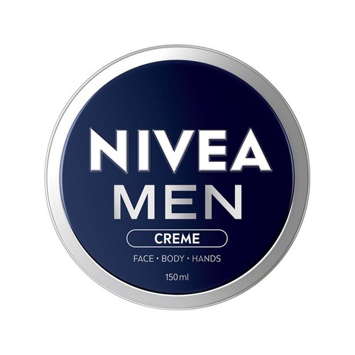 Krem NIVEA MEN CREME w granatowym, okrągłym opakowaniu ze srebrną obwódką. Produkt przeznaczony do pielęgnacji twarzy, ciała i dłoni. Pojemność 150 ml. Białe napisy na granatowym tle.