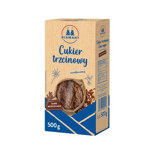 Diamant Cukier trzcinowy nierafinowany Dark Muscovado, 500g. Opakowanie kartonowe z grafiką trzciny cukrowej i kolibra.