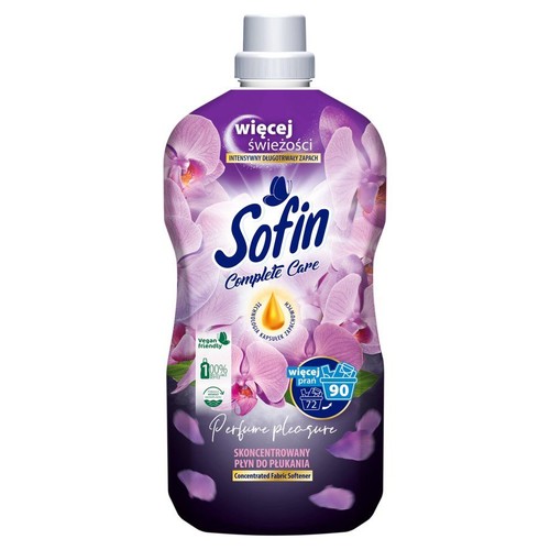 Płyn do płukania Sofin Complete Care, "Perfume pleasure". Fioletowa butelka z różowymi orchideami, na 90 prań.