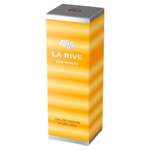 Pomarańczowe opakowanie perfum LA RIVE For Woman. Na pudełku srebrne logo żółwia, napis Eau de Parfum Natural Spray.