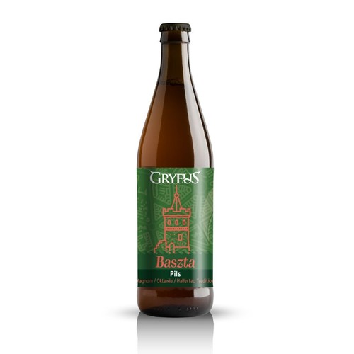 Produkt: piwo Gryfus Baszta Pils w szklanej butelce. Etykieta w kolorze zielonym z czerwonym konturem baszty. Na etykiecie widoczne są napisy "Gryfus", "Baszta", "Pils" oraz lista chmieli: Magnum, Oktawia, Hallertau Traditio.
