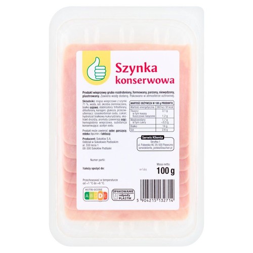 Sokołów Szynka konserwowa, 100 g. Produkt wieprzowy, plastrowany, w przezroczystym opakowaniu.