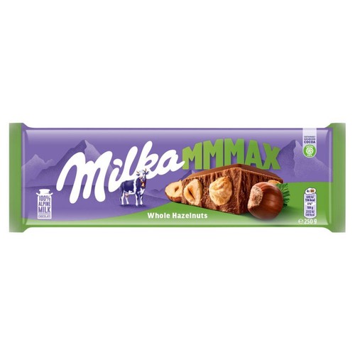 Czekolada Milka MMMax Whole Hazelnuts, 250 g. Fioletowe opakowanie z zielonymi brzegami. Widoczna grafika przedstawiająca przełamaną tabliczkę czekolady z całymi orzechami laskowymi i jeden orzech obok.