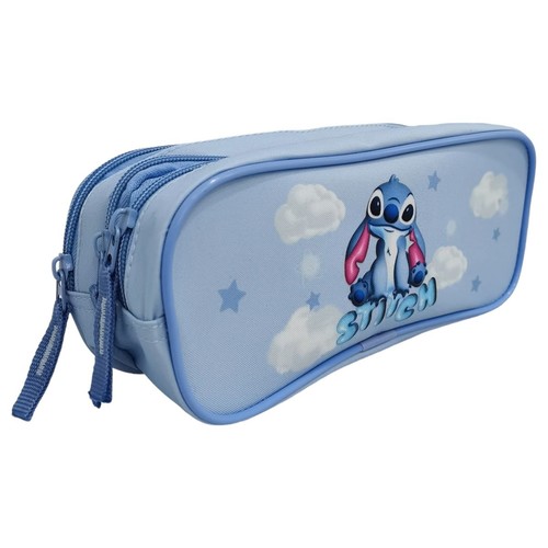 Piórnik z dwoma komorami w kolorze błękitnym, ozdobiony wizerunkiem Stitcha i napisem "Stitch".