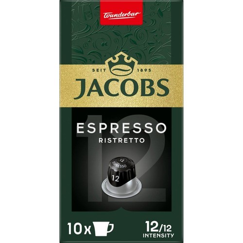 Jacobs Espresso Ristretto, 10 kapsułek kawy. Ciemnozielone pudełko z logo Jacobs i grafiką kapsułki. Intensywność 12.