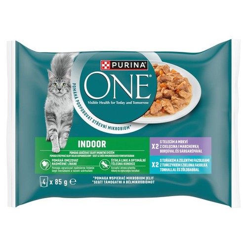 Opakowanie zbiorcze Purina ONE Indoor dla kotów, 4x85g. Zawiera saszetki z cielęciną z marchewką i tuńczykiem z fasolką.