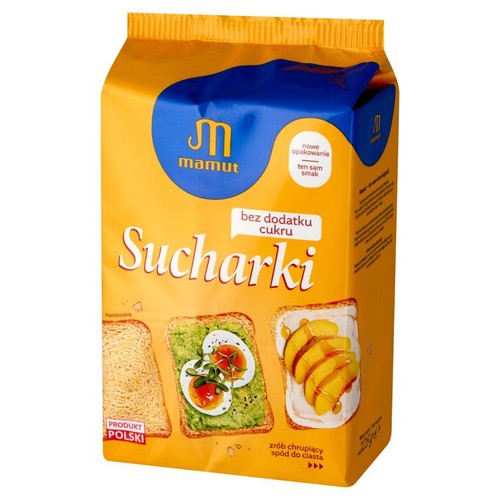 Opakowanie sucharków Mamut bez dodatku cukru, 225g. Żółto-niebieska paczka z grafikami tostów z awokado i brzoskwiniami.