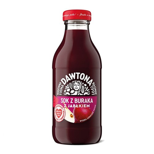 Szklana butelka soku Dawtona Burak z Jabłkiem o pojemności 300ml. Na etykiecie widnieje logo Rodzinnej Firmy Dawtona, grafika przekrojonego buraka i jabłka. Produkt reklamowany jako "Wysoka zawartość potasu". Czerwona zakrętka.