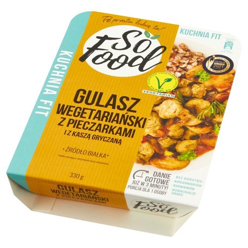 Opakowanie So Food Kuchnia Fit: Gulasz wegetariański z pieczarkami i kaszą gryczaną, 330g. Gotowe danie, źródło białka, bez konserwantów i barwników. Porcja dla 1 osoby, gotowe w 3 minuty.