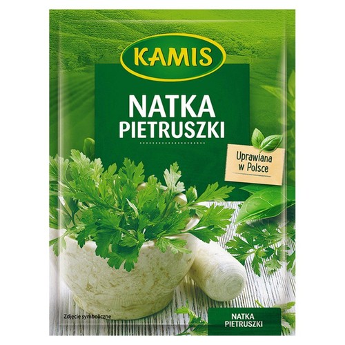 Opakowanie Kamis Natka Pietruszki. Zielona torebka z grafiką świeżej pietruszki w moździerzu. Produkt uprawiany w Polsce.