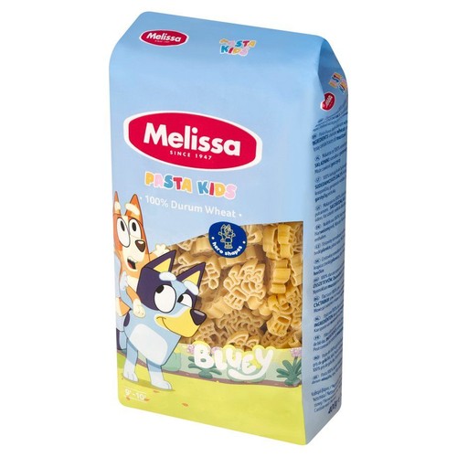 Niebieskie opakowanie makaronu Melissa Pasta Kids 400g z pszenicy durum. Na froncie grafika Bluey i Bingo. Makaron w kształtach bohaterów.