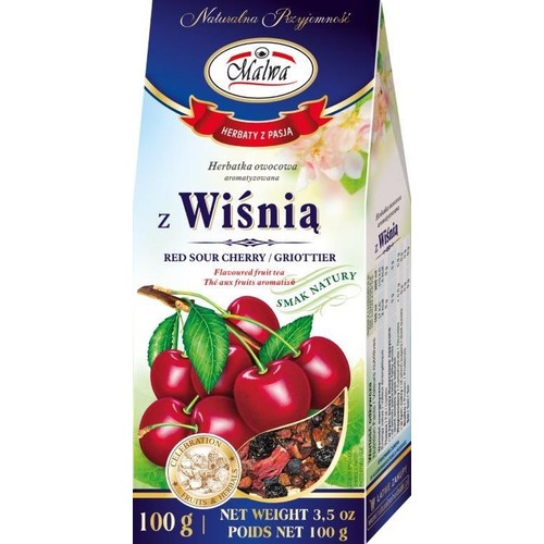 Opakowanie herbatki owocowej Malwa z wiśnią, 100 g. Na pudełku grafika świeżych wiśni i suszonych owoców.