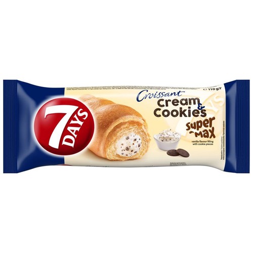 Opakowanie rogalika 7 DAYS Croissant Cream & Cookies Super Max, 110g. Widoczny rogalik z nadzieniem waniliowym i kawałkami ciastek.