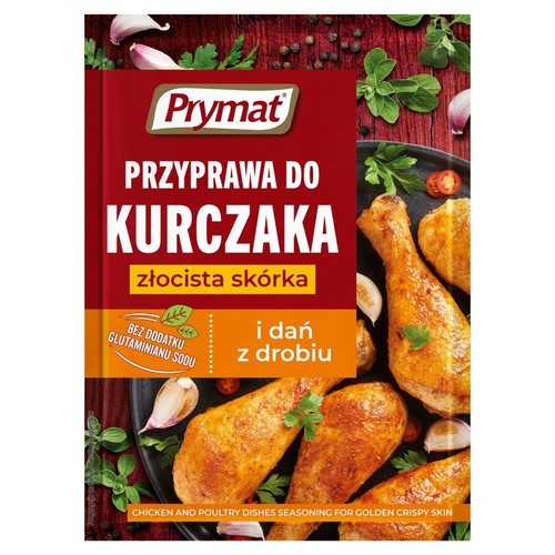 Prymat Przyprawa do Kurczaka, złocista skórka. Opakowanie z grafiką pieczonego kurczaka. Bez glutaminianu sodu.