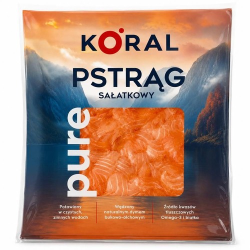 Produkt KORAL Pstrąg Sałatkowy pure. Wędzone kawałki pstrąga, potrawiane w czystych, zimnych wodach. Bogaty w Omega-3 i białko. Opakowanie z widokiem gór.