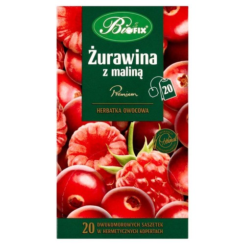 Opakowanie herbatki owocowej BioFix Żurawina z maliną. Zawiera 20 dwukomorowych saszetek. Na etykiecie owoce.