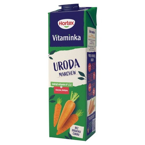 Sok marchewkowy Hortex Vitaminka Uroda w kartonie. Zawiera witaminy A, C, E, niacynę i biotynę. Bez dodatku cukru.