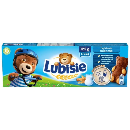 Lubisie, ciastka z nadzieniem mlecznym, 125 g. Opakowanie z misiem na rowerze i informacją o naturalnym aromacie.