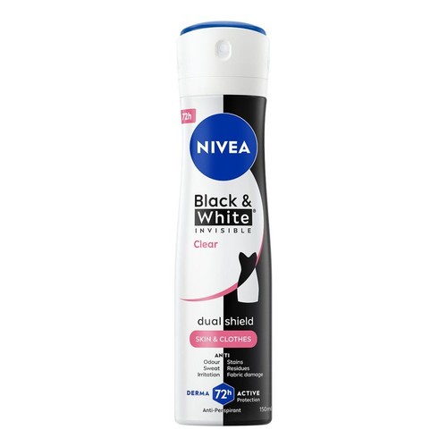 Antyperspirant Nivea Black & White Invisible Clear w sprayu. Biało-czarna butelka z niebieską nakrętką, 150 ml. Zapewnia 72h ochrony.